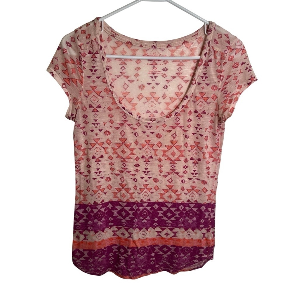 American Eagle Women's Size Medium Favorite Tee Scoop Neck Pink Aztec Geometric